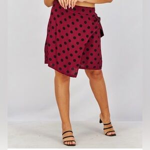 Mango Asymmetrical Burgundy and Black Polka Dot Skirt